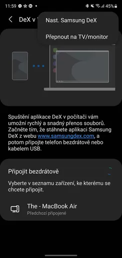 Vpravo nahoře je potřeba vybrat 'Přepnout na TV/Monitor'.